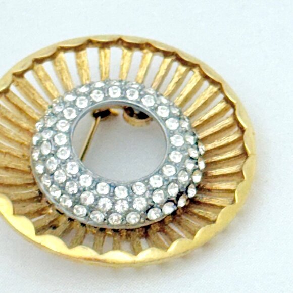 Vintage MCM Gold Tone Brooch Concave Geometric w/Pave Set Rhinestones - Picture 3 of 5